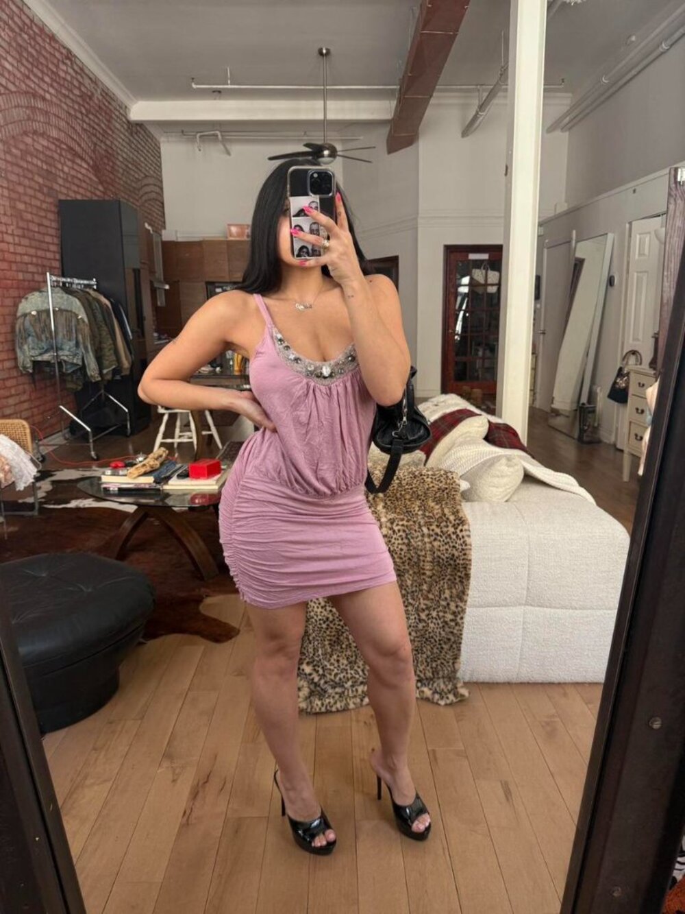 Y2K Pink Ruched Mini Dress Beaded Rhinestone Bodycon (S) - Picture 5 of 8